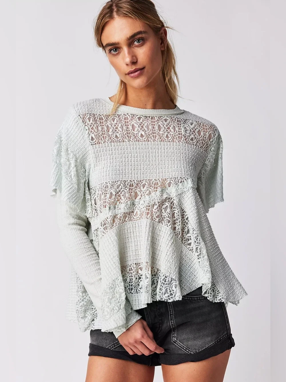 Free People Snowfall Tunic Top Lacy Romantic Soft Girl Boho Chic Coquette Airy